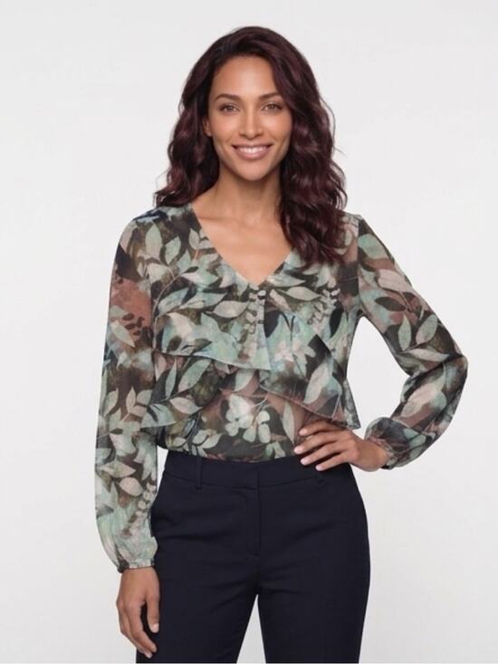 Zac & Rachel Tops - Zac & Rachel Sheer Floral Ruffle Blouse Dusty Olive Multi  Size Small NWT
